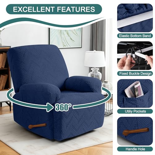 Image of Ruaozz Recliner Sofa Covers Recliner Chair Covers Recliner Covers for Reclining Chair with Pockets Washable Furniture Protector with Elastic Bottom (1 Seater, Dark Blue)