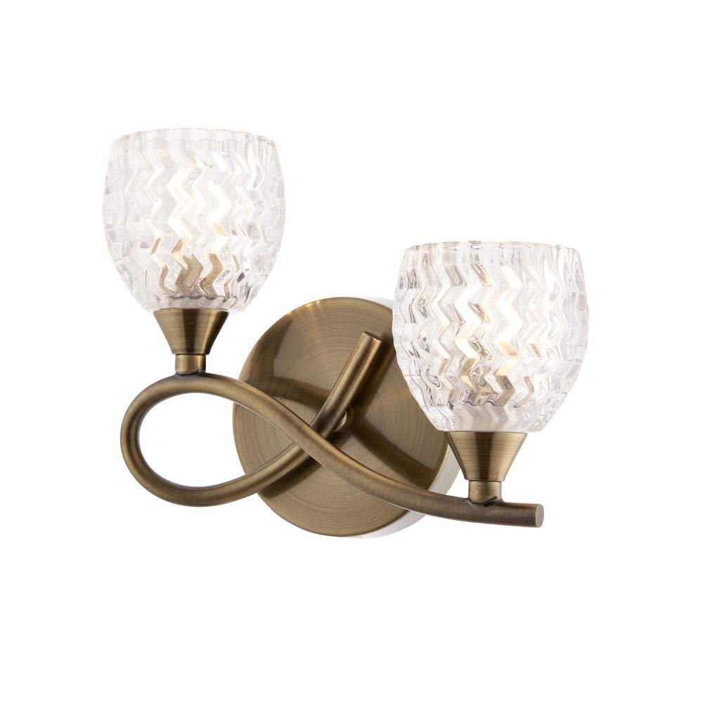Betta Lighting Antique Brass Left Handed Twin Wall Light, Finish With Clear Patterned Glass Shades
