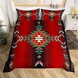 Loussiesd Sudoeste Indígena Juego de Cama Suroeste Geométrico Conjunto de Ropa de Cama Chicas Adolescentes Dormitorio Decoración Occidental Funda Nórdica 200x200cm Microfibra Suave Rojo Vintage