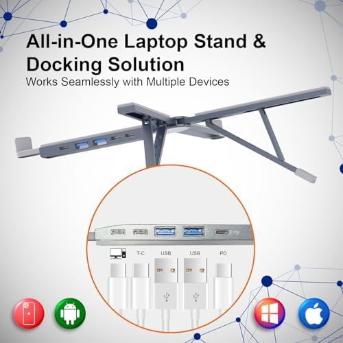 Image of Laptop Stand with 4-Port USB Dock | 100W PD Charging | Adjustable Foldable Aluminium Holder & Riser | USB-C & USB-A Ports | MacBook & Universal Laptop Compatible
