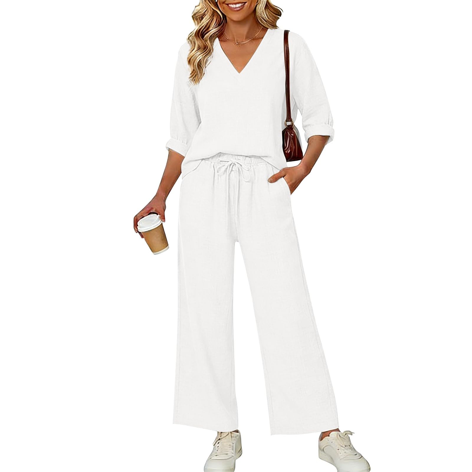 Completi Lino Donna Estivi 2 Pezzi Camicia E Pantaloni Cotone Tuta Elegante Taglie Forti Completo Estiva Curvy Tute Casual Set Leggera Larghi Completi Per L’estate Vacanza Tinta Unita Sportiva