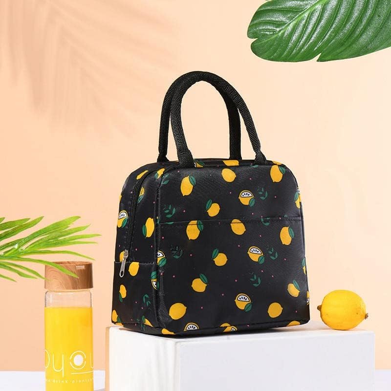 Image of Lunch Bags for Office Women & Men Insulated Fabric Carriage Bags for Lunch Portable Reusable Multipurpose Washable Printed Tiffin Bags Leak Proof Carry Bag Kids School -(Black Lemon)