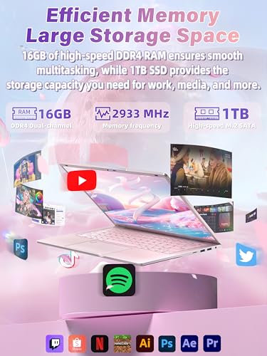 Image of 14 inch 2K IPS Pink Laptop for College Students | 1TB+16GB RAM, N150 4-Core,Backlit Keyboard+Fingerprint,USB-C Charging,Privacy Shutter, 6000mAh,3.1lbs,180 Hinge,Win11 Pro