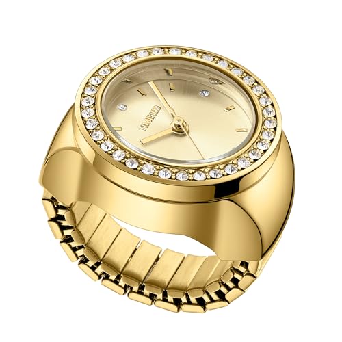 TIME100 Reloj Anillo Mujer con 6 Biseles Intercambiables, Movimiento Cuarzo Analógico 3 Agujas, Banda Elástica Talla Única, Oro Rosa Plata, Caja de Regalo