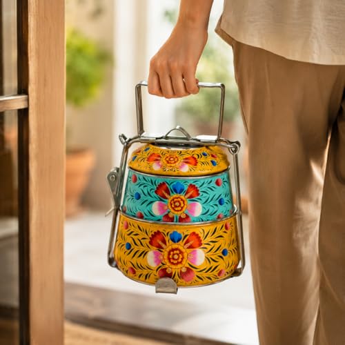 Image of iHandikart Handpainted Decorative Lunch Box Tiffin | Multiple Tier Stainless Steel Food Box | Designer Indian Print Tiffin for School | Diwali Gift, Navratri Gift (Color - Multicolor)