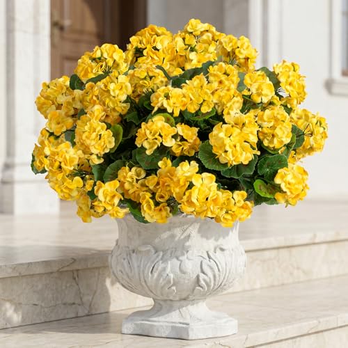 Uqueeten Artificial Flowers Outdoors, Artificial Geraniums for Outdoors, Fake Geranium Flowers, UV Resistant Faux Outdoor Plants for Planters, Artificial Flowers for Indoor Home Decor, Yellow 8PCS