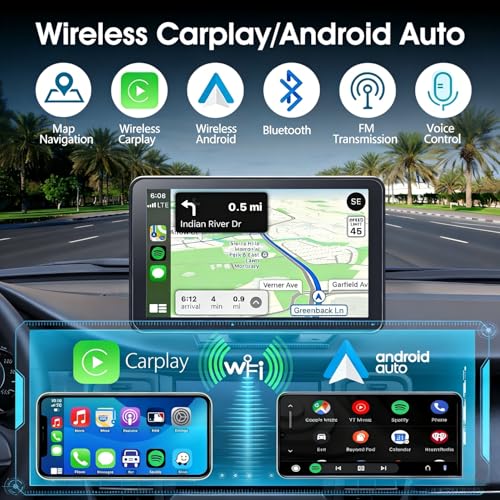 Image of Carplay Screen for Car, 7 inch HD Wireless Apple CarPlay & Android Auto, Portable Car Stereo Touchscreen with Bluetooth, Mirror Link, Voice Control, Backup Camera, GPS Navigation, AUX, Fits All Vehicles