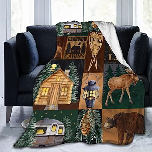 Flannel Fleece Blanket Printed Soft and Fluffy Warm Comfortable Foldrable Sherpa Throw Blanket,Rustic Lodge Bear Moose Deer Gifts for Kids Women and Adults, Used for Sofa Bed Travel Camping