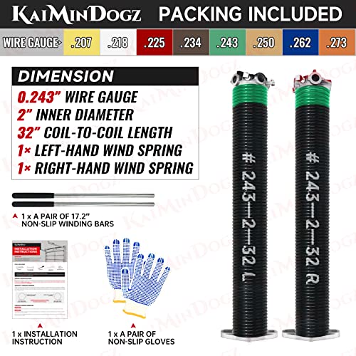 KaiMinDogz Pair of 2" Garage Door Torsion Springs Set with Non-Slip Winding Bar & Gloves,High Precision Electrophoresis Black Coated, for Replacement & Installation, MIN 16,000 Cycles (0.243x2''x32'') by KaiMinDogz - Used condition - Image 2