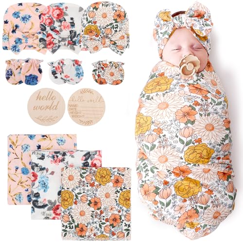 Image of DRESHOW BQUBO Floral Swaddles for Baby Girl Newborn Receiving Blanket with Bow Hat Mittens Wooden Birth Announcement Card Set Baby Floral Print Swaddle Nursery Swaddle Wrap