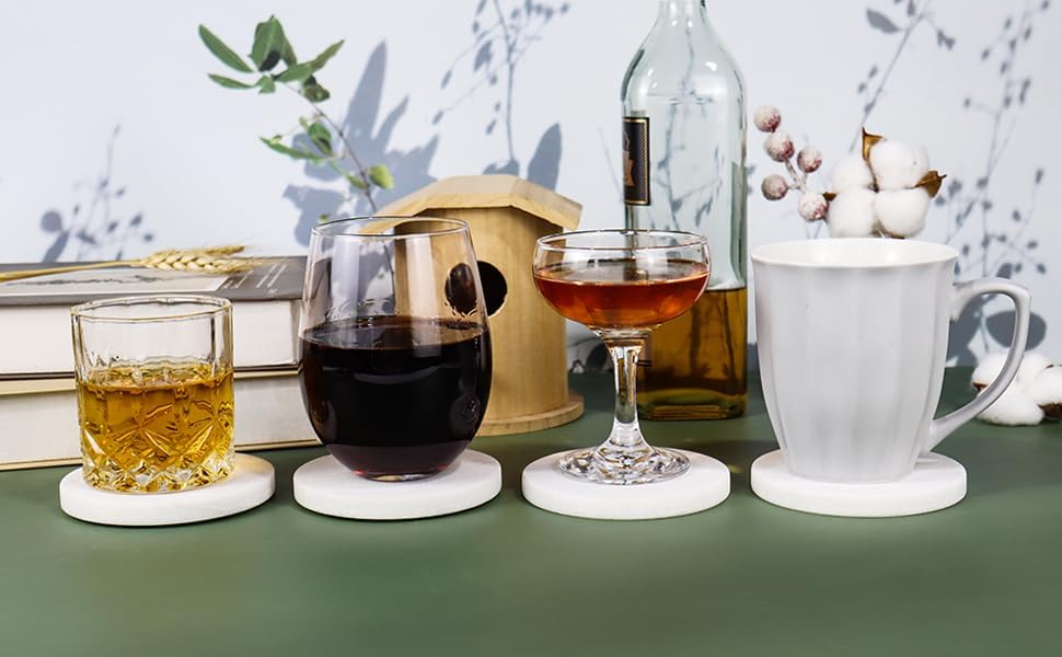 White Marble Coasters with Bling Particles, Set of 4 - Natural Marble Stone Drink Coaster with Protective Silicone Feet, 4 inch Diameter, 0.4 inch Thick - Heat-Resistant Coasters for Coffee Table - Image 5