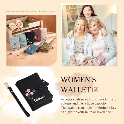 Personalized Wallet Women Small with Birth Flower and Name: Custom Bi-fold Women's Wallets - Ladies Minimalist Wallet for Women Teen Girls Gift (Black, Birth Flower Name Photo)2