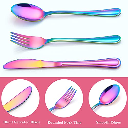 Lianyu 12-Piece Rainbow Kids Silverware Set, Stainless Steel Toddler Utensils Flatware Set, Child Cutlery Tableware Set For 4, Include Knife Fork Spoon, Mirror Finished, Dishwasher Safe #TOP5