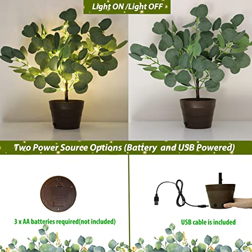 Lighted Eucalyptus Tree Spring Decorations, 18In Tabletop Greenery Plants Artificial Eucalyptus Leaves Faux Branches In Pot With Warm White Fairy Lights For Spring Wedding Home Party Decor #TOP4