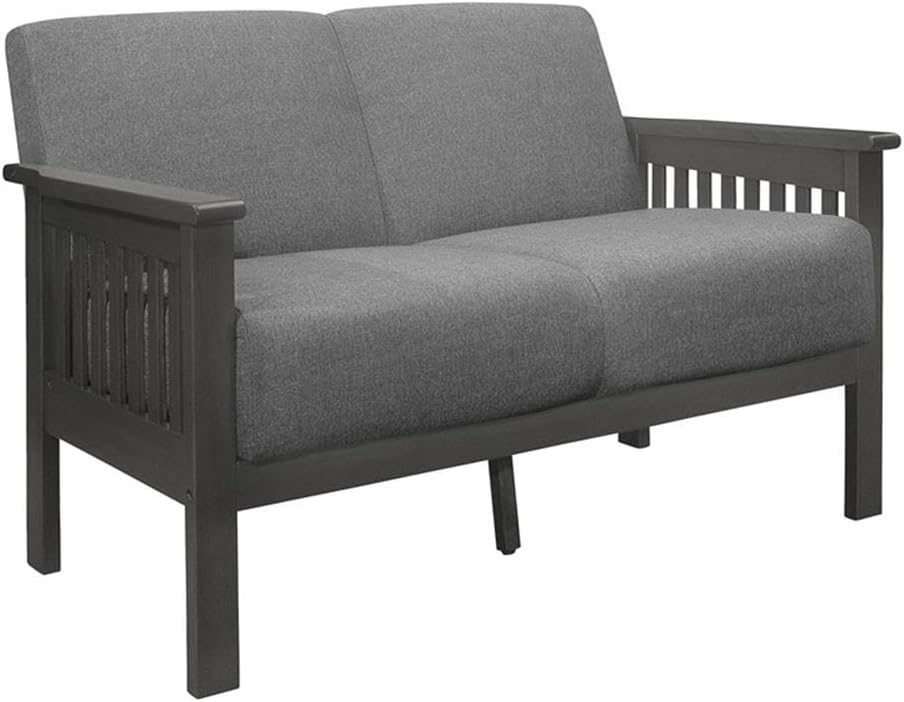 Pemberly Row 2-Piece Upholstered Sofa Set, Gray Textured Fabric with Antique Gray Wood Arms, Solid Rubberwood Frame, Foam Cushioning, Arts and Crafts Style, Living Room Seating