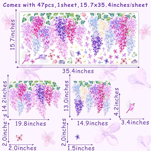 Hanging Flower Wall Stickers Purple Flower Vine Wall Decals Colorful Flower Wall Stickers Bird Floral Blossom Garden Flower Wall Decals For Girls Bedroom Nursery Decor #TOP4