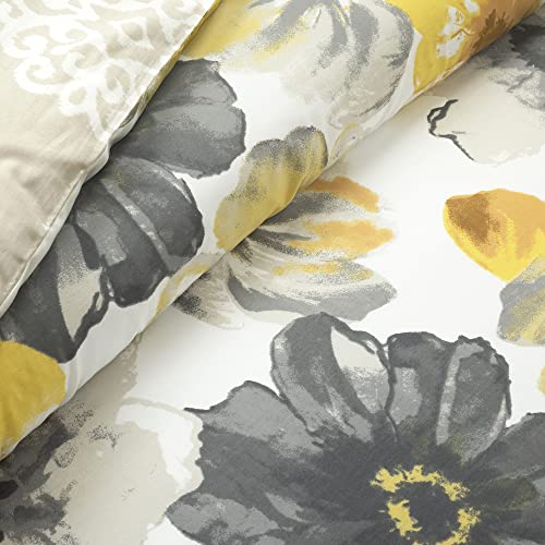 Image of Lush Decor Leah Reversible 100% Cotton Duvet Cover Set, 3 Piece Set, King, Yellow & Gray - King Bedding Set - Yellow Duvet Cover - Country Floral Decor