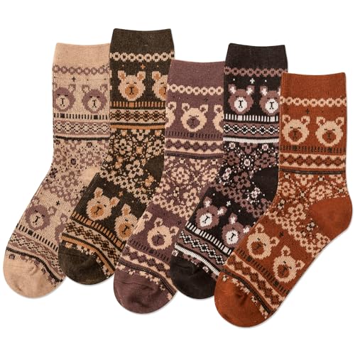 Image of IIG 5 Pairs Womens Pretty Vintage Wool Socks Unique Print Design Soft Cozy Warm Crew Socks Christmas Gift