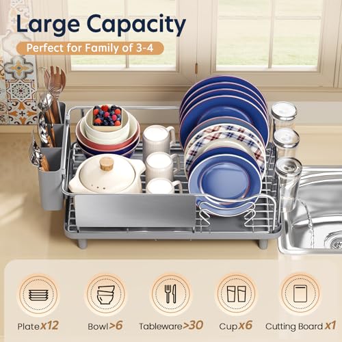 Stainless Steel Dish Drying Rack - Large Capacity Dish Rack for Kitchen Counter with Drain Board, Rustproof Dish Drainer with Auto Drain Spout Utensil Holder Glass Holder, Dinnerware Organizer, Gray by KINGRACK - Image 4