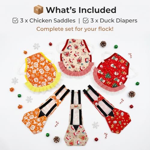 6-Pack Chicken Diapers Saddles Set for Hens/Ducks/Geese - Reusable, Washable, Protective Poultry Clothes with Pumpkin/Santa/Ginger Breadman Designs (M) - 5