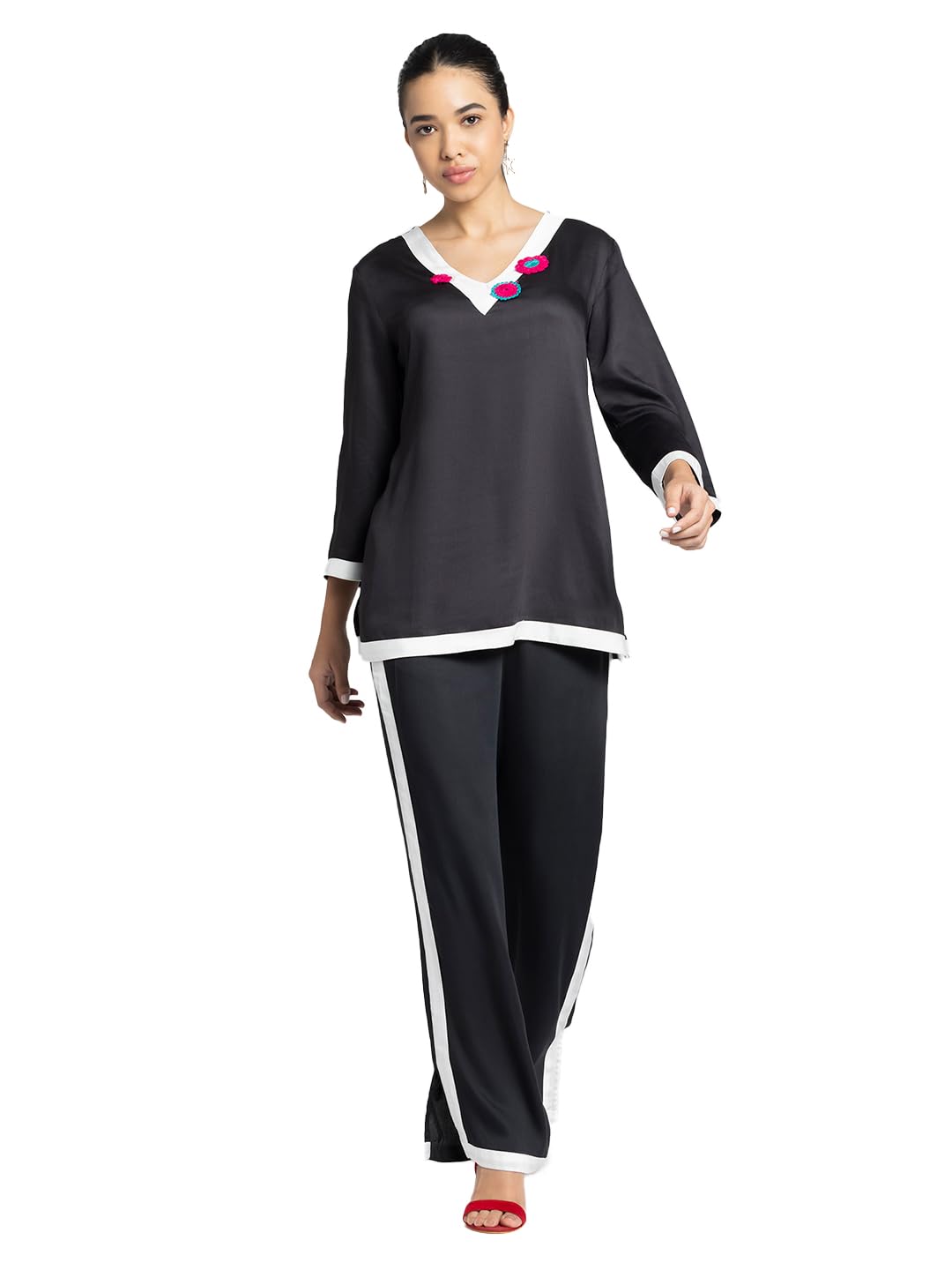 shaye 2 Piece Black Crochet Embroidered Satin Casual Co-Ords For Women-picture-45