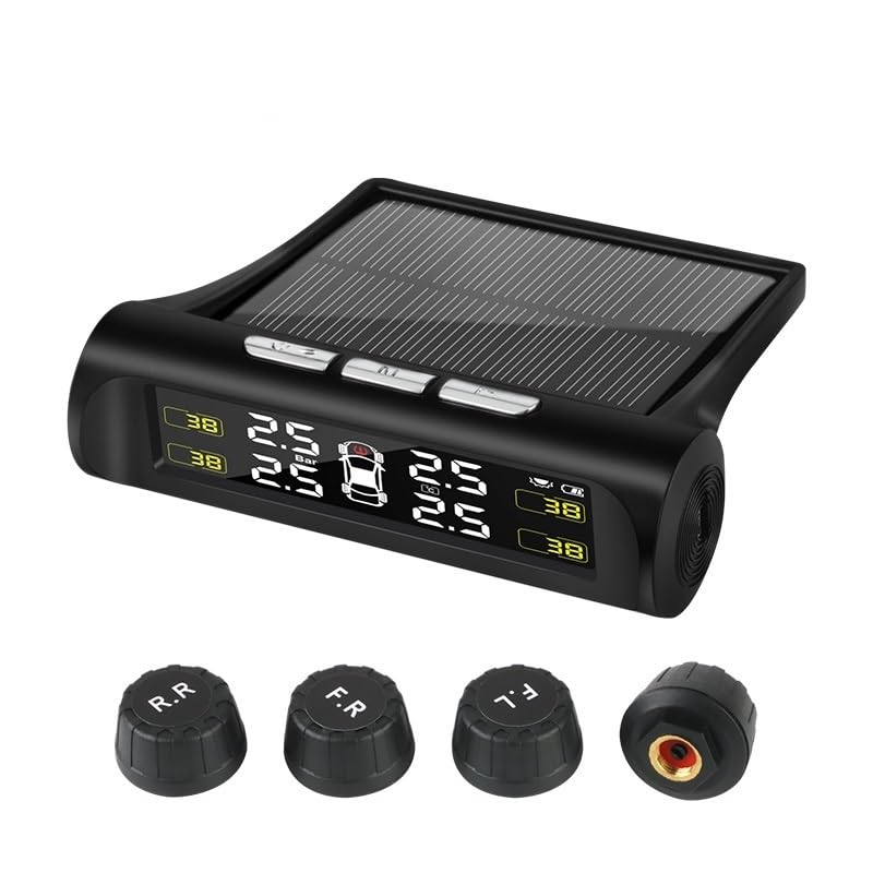 Tpms Sistema de supervisión presión neumáticos Coche, Sistema Alarma automático con Carga Solar, Pantalla Digital HD inalámbrica 4 sensores(External sensors)