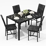 AWQM Products 5-Piece Marble Dining Set&comma; Modern Kitchen Table and Chairs for Dining Room&comma; Compact Space Saving Furniture&comma; Dinette&comma; 4 Upholstered Velvet Chairs - Black