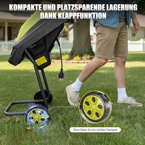 Bild 4 - Gartenhäcksler,Häcksler Garten mit 45L Fangbox,Gartenhäcksler elektrisch leise robust wartungsarm, Starke 2500 Watt, Aststärke bis 44mm, Transporträder,Stopfer