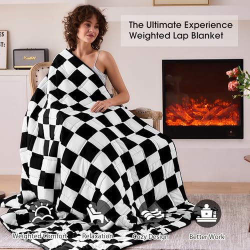 Black Checkered Weighted Blanket for Adults 12lbs, 48"x72", Twin Full Size Cooling Plaid Heavy Throw Blanket for 110-130lbs, Microfiber Soft Thick Big Blankets Weighted Comforter Gift for Sleeping