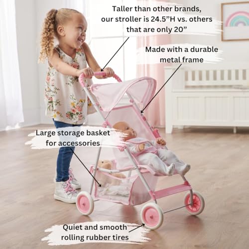 Badger Basket Folding Doll Umbrella Stroller for Dolls Up to 18 Inches - Lightweight, Compact Doll Stroller with Safety Belt, Pink and White Design by Badger Basket - Image 4
