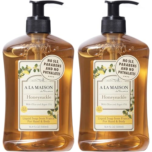 A LA MAISON Honeysuckle French Liquid Hand Soap - Natural Hand Wash Made with Essential Oils - Biodegradable, Plant-Based, Vegan, Cruelty-Free, Alcohol & Paraben Free (16.9 oz, 2 Pack)
