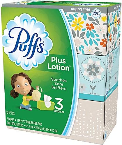 Puffs Puffs plus lotion facial tissues, 3 family boxes, 116 tissues per box, 348 Count,116 Count (Pack of 3)