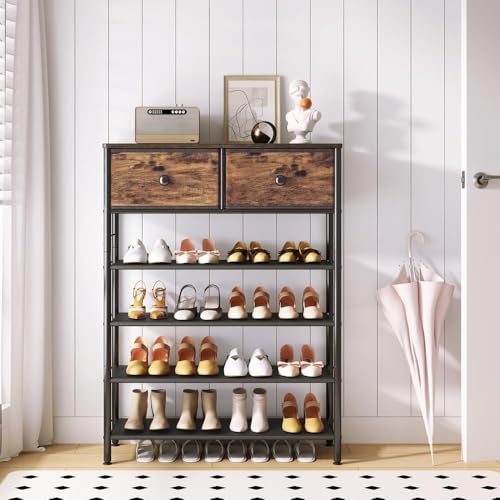 Image of INGIORDAR Shoe Rack Organizer 5 Tier Metal Organizer Shelf with Industrial MDF Board and Layer Fabric for Entryway Closet Bedroom Living Room Garage (Black+Rustic Brown, 5 Tier with 2 Drawers)