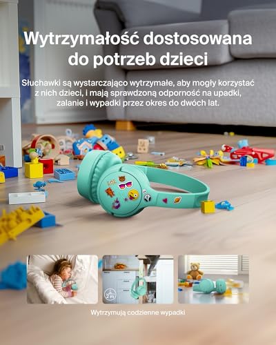 Bezprzewodowe słuchawki dla dzieci Belkin SoundForm Mini, wbudowany mikrofon, 30 h odtwarzania, z naklejkami – nauszne słuchawki do nauki zdalnej, szkoły, podróży, iPhone'a, iPada, Galaxy – miętowy