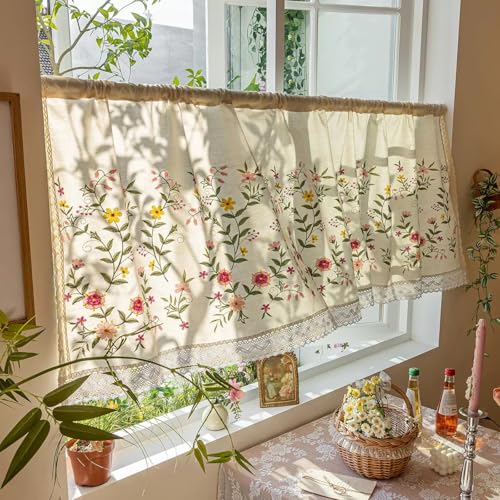 Devola Rideau brise-bise court en lin style maison de campagne avec broderie florale, rideau de bistrot, opaque, vintage, pour printemps, cuisine, avec dentelle au crochet, 65 x 140 cm, rose, 1 pièce