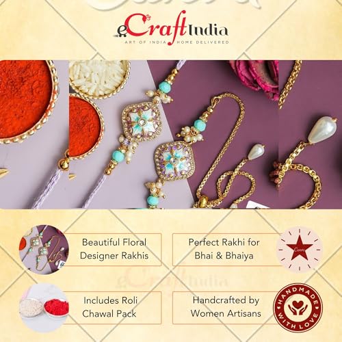 Image of eCraftIndia Beautiful Floral Designer Bhaiya Bhabhi Rakhis with Best Bro Ever Fridge Magnet | Set of 2 Rakhi for Brother and Bhabhi | Lumba Rakhi | Roli Chawal Pack