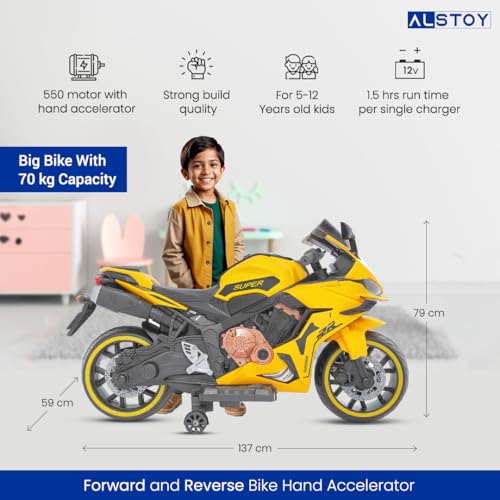 Image of Alstoy Kids RR Toy Bike with Rechargeable 12v Battery Operated Electric Ride-on Bike for Kids | BIS /ISI aproved | 6 Months All Electric Warranty | 5 to 12 Years | Large | Yellow