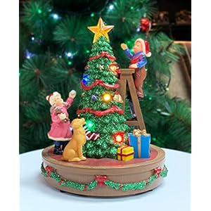Moments In Time 2 Children Decorating a Christmas Tree with Their Dog, Christmas Tabletop Decor with LED Lights and…
