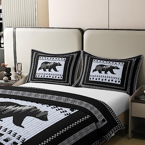 Bear 100% Cotton Duvet Cover Set King for Girls Boys Kids Bear Paw Print Bedding Set Men Women Room Decorative Wild Animal Comforter Cover Set Retro Wildlife Bedspread Cover Black White Bedcothes - Image 4