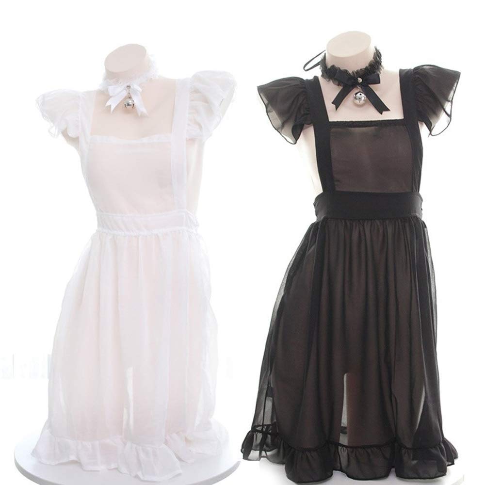 Grembiule da Cameriera Sexy Nero Bianco per Donna, Ragazza, Costume, Cosplay, Vestito da Cameriera, Camera da Letto, Grembiule da casa in Pizzo Traslucido (Bianco)