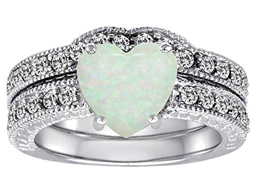 Star K 8mm Heart Shape Simulated Opal Wedding Set Sterling Silver3