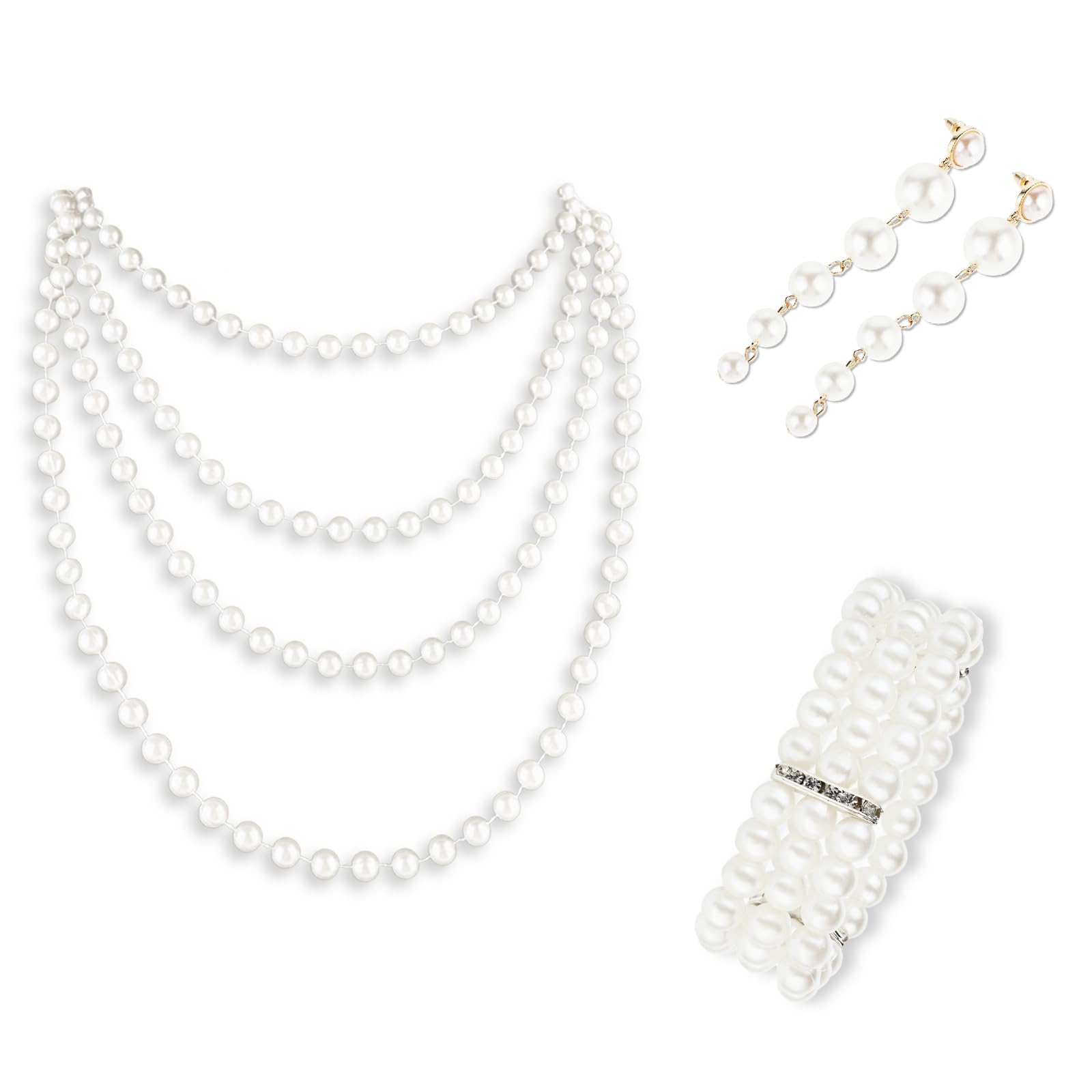 DIVINA VITAE3 Pcs Faux Pearl Jewelry Set Pearl Necklace 3 Row Stretch Pearl Bracelet Long Dangle Pearl Earrings 1920s Simulated Pearl Necklace Jewelry Accessories Pearl Set for Women Bride Party Prom Wedding