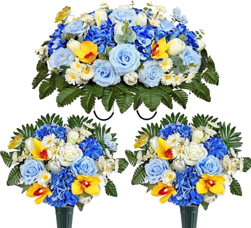 Naramiji Buquê de flores de cemitério e lápide de sela de flores para decoração de túmulos: flores de simpatia e memorial com vaso, Aritifcial Colorfast Blue Rose