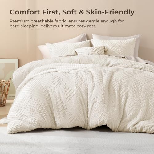 Image of Litanika King Size Comforter Set Beige, 3 Pieces Cream Tufted Boho Farmhouse Bedding Comforter Sets, Lightweight Fluffy Comforter Bed Set for All Season (104x90In Comforter and 2 Pillowcases)