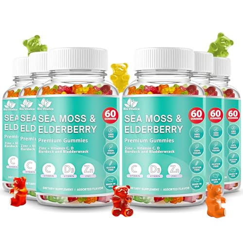 Image of Irish Sea Moss Gummies with Elderberry - USA Made Vegan Gummies with Vitamin C, D & Zinc - Immune Support Supplement with Bladderwrack & Burdock Root for Adults & Kids - 6 Packs