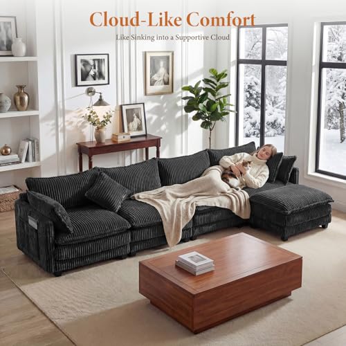 Image of Vesgantti 143 inch L Shaped Modular Sectional Couch, Comfy Corduroy Upholstered Cloud Couches for Living Room, Modern 3 Seater Sofa with Movable Ottoman & Throw Pillows, Charcoal Grey