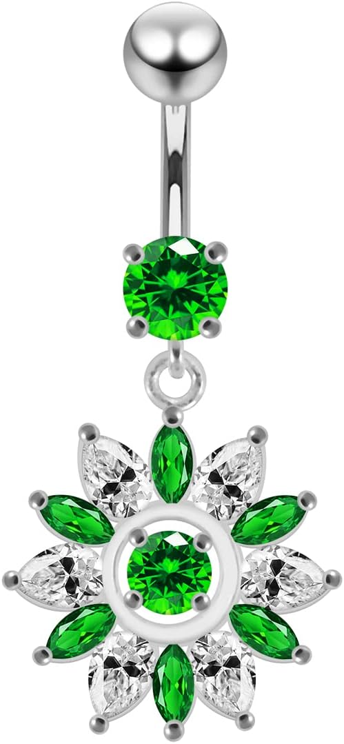 Fancy Royal Flower Dangling Design 925 Sterling Silver with Stainless Steel Belly Ring - Belly Button jewelry - Navel jewelry