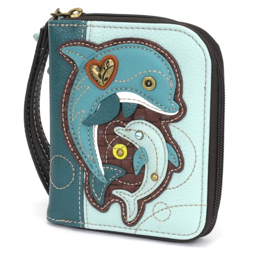 Image of CHALA Zip Around Wallet, Wristlet, 8 Credit Card Slots, Sturdy Pu Leather - Dolphin - Blue
