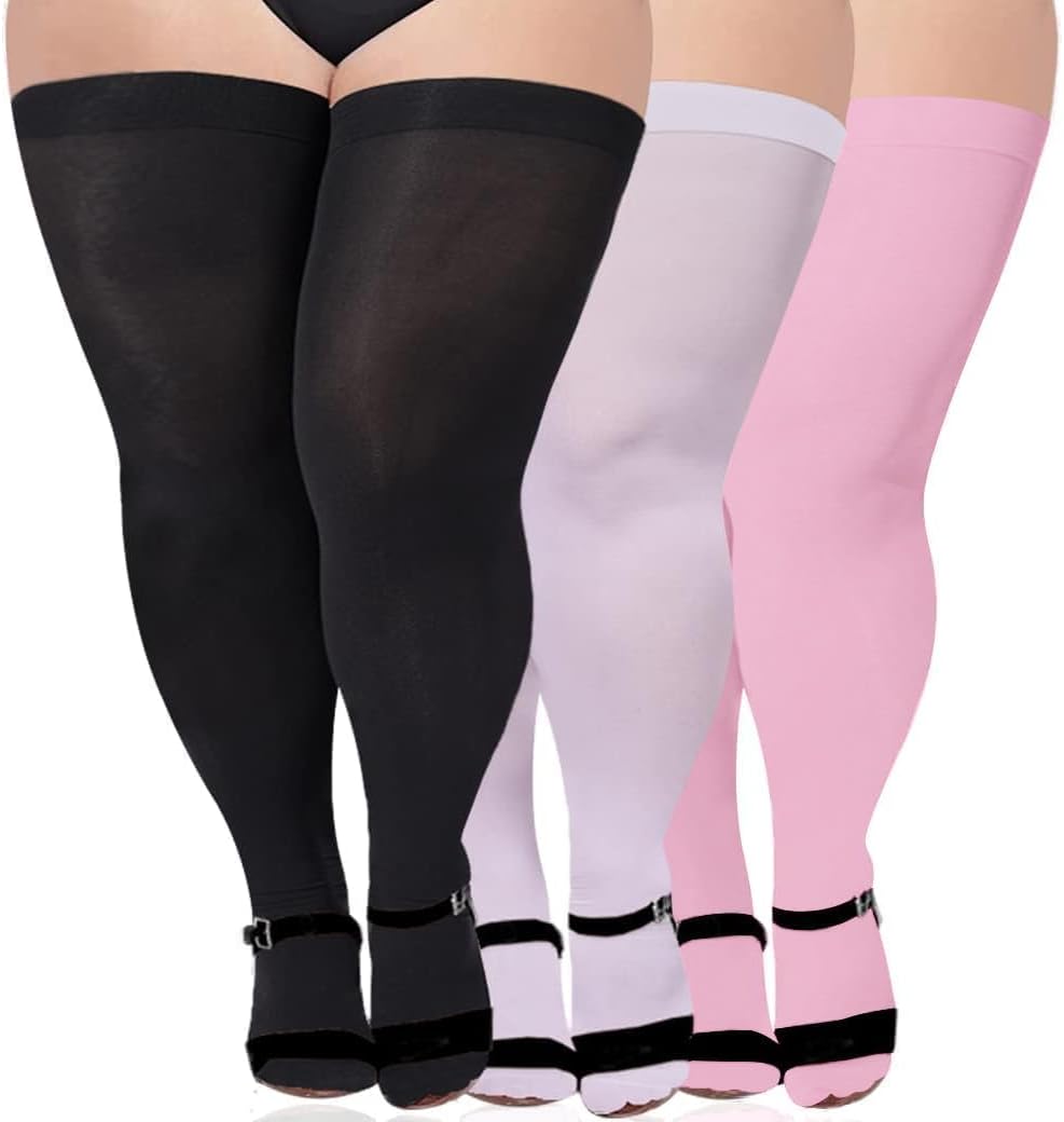 3 Pairs Plus Size Thigh High Stockings for Thick Thighs Extra Long Womens Opaque Sheer Stockings for Women