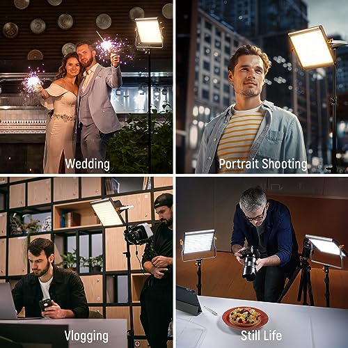 Neewer 2 Packs Dimmable Bi Color 480 LED Video Light Kit, 3200~5600K CRI 96+ LED Panel with U Bracket, 75 inches Tripod Light Stand for YouTube Recording Studio Photography Streaming Key Lighting